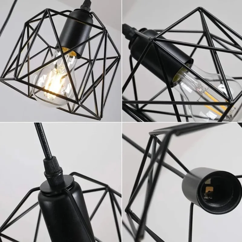 Pendant Light Rectangle Ceiling Plate with 3 Lighting Metal Cage Lampshade (E27 Lamp Cap, without Bulb)