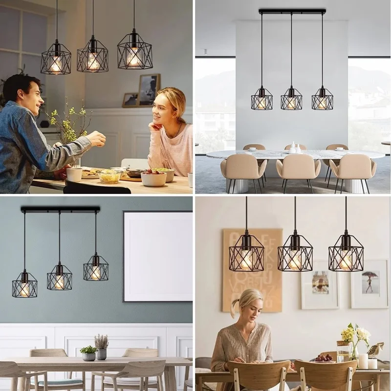 Pendant Light Rectangle Ceiling Plate with 3 Lighting Metal Cage Lampshade (E27 Lamp Cap, without Bulb)
