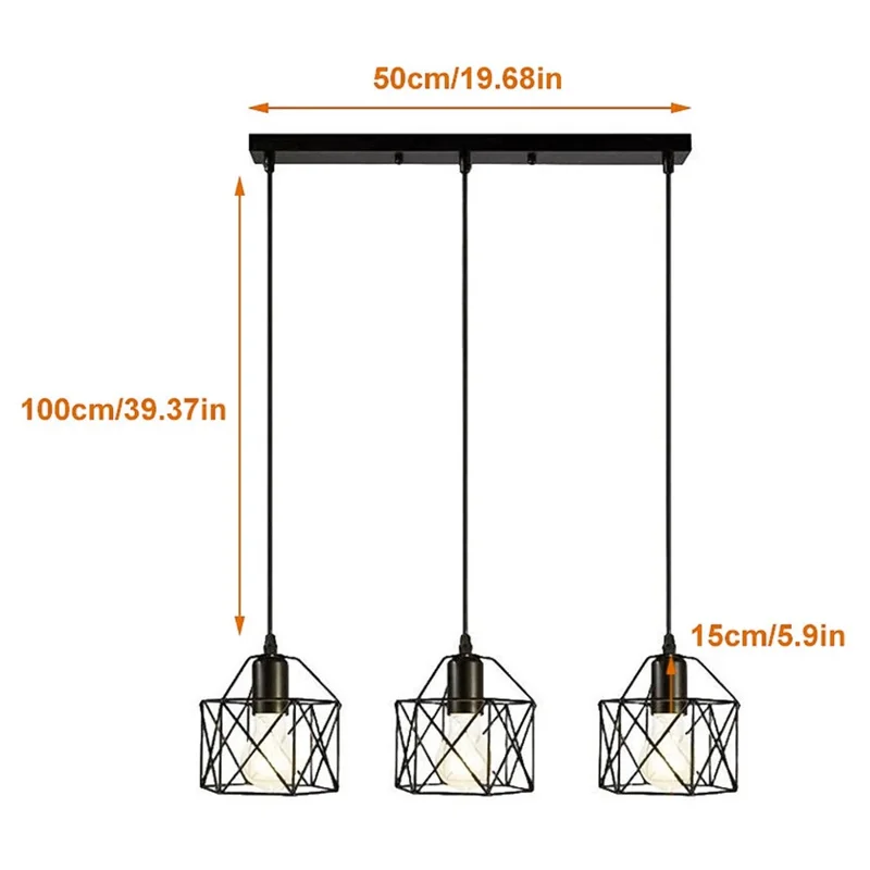 Pendant Light Rectangle Ceiling Plate with 3 Lighting Metal Cage Lampshade (E27 Lamp Cap, without Bulb)