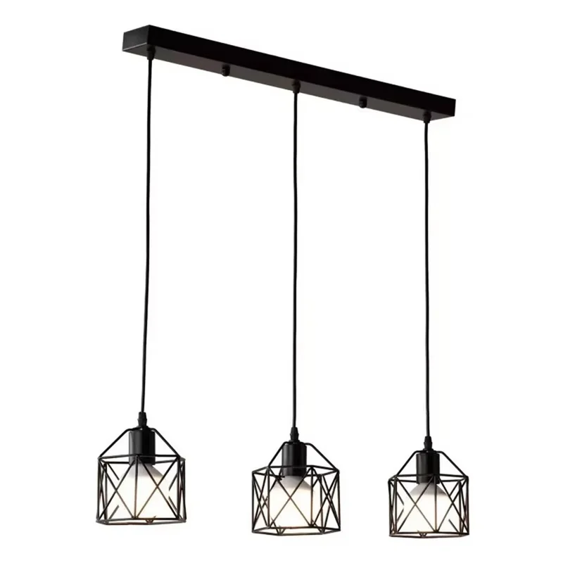 Pendant Light Rectangle Ceiling Plate with 3 Lighting Metal Cage Lampshade (E27 Lamp Cap, without Bulb)