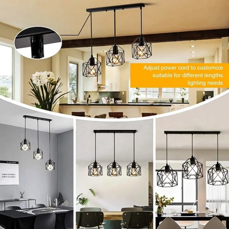 Pendant Light Rectangle Ceiling Plate with 3 Lighting Metal Cage Lampshade (E27 Lamp Cap, without Bulb)