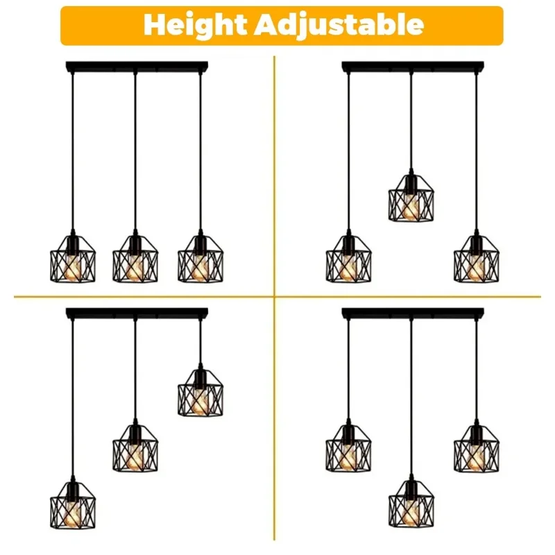 Pendant Light Rectangle Ceiling Plate with 3 Lighting Metal Cage Lampshade (E27 Lamp Cap, without Bulb)