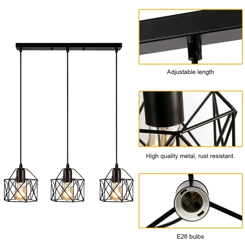 Pendant Light Rectangle Ceiling Plate with 3 Lighting Metal Cage Lampshade (E27 Lamp Cap, without Bulb)