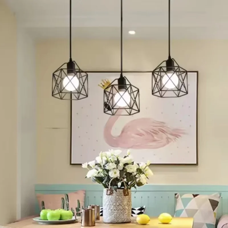 Pendant Light Rectangle Ceiling Plate with 3 Lighting Metal Cage Lampshade (E27 Lamp Cap, without Bulb)