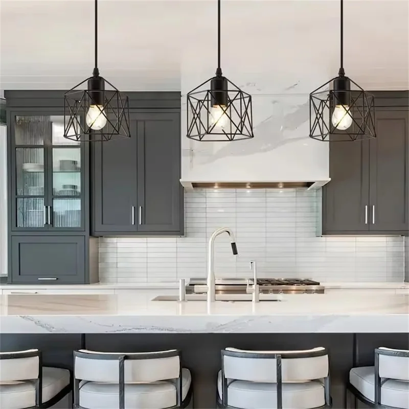 Pendant Light Rectangle Ceiling Plate with 3 Lighting Metal Cage Lampshade (E27 Lamp Cap, without Bulb)