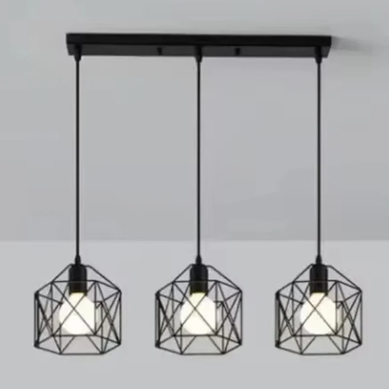 Pendant Light Rectangle Ceiling Plate with 3 Lighting Metal Cage Lampshade (E27 Lamp Cap, without Bulb)