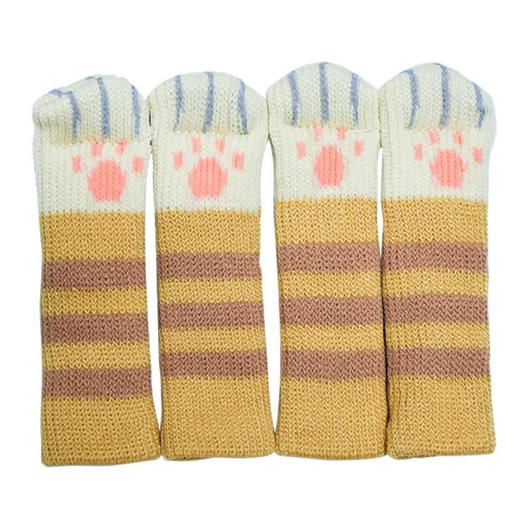 4PCS Cute Cat Claw Pattern Chair Leg Floor Protectors Covers Furniture Feet Pads Table Leg Protectors Caps to Prevent Scratch and Noise - Yellow Stripe