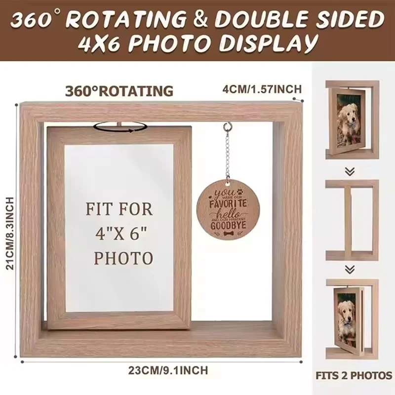 Double Sided Rotating Wooden Photo Frame Desktop Decor Pet Memorial Picture Display Stand, 23 x 21cm