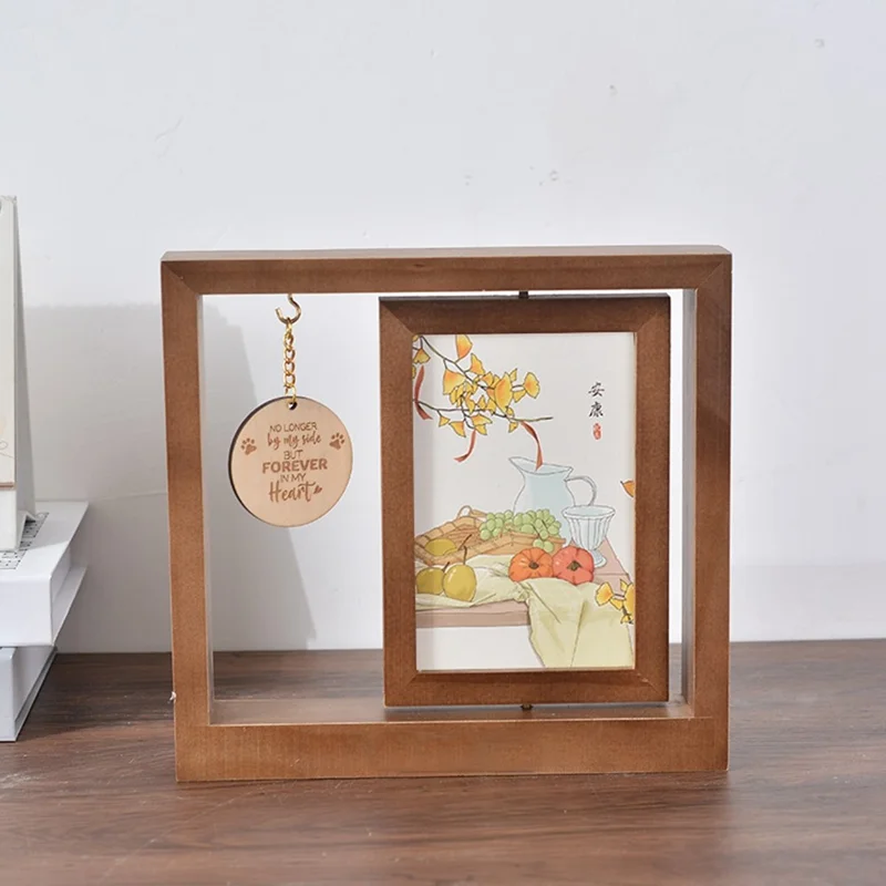 Double Sided Rotating Wooden Photo Frame Desktop Decor Pet Memorial Picture Display Stand, 23 x 21cm