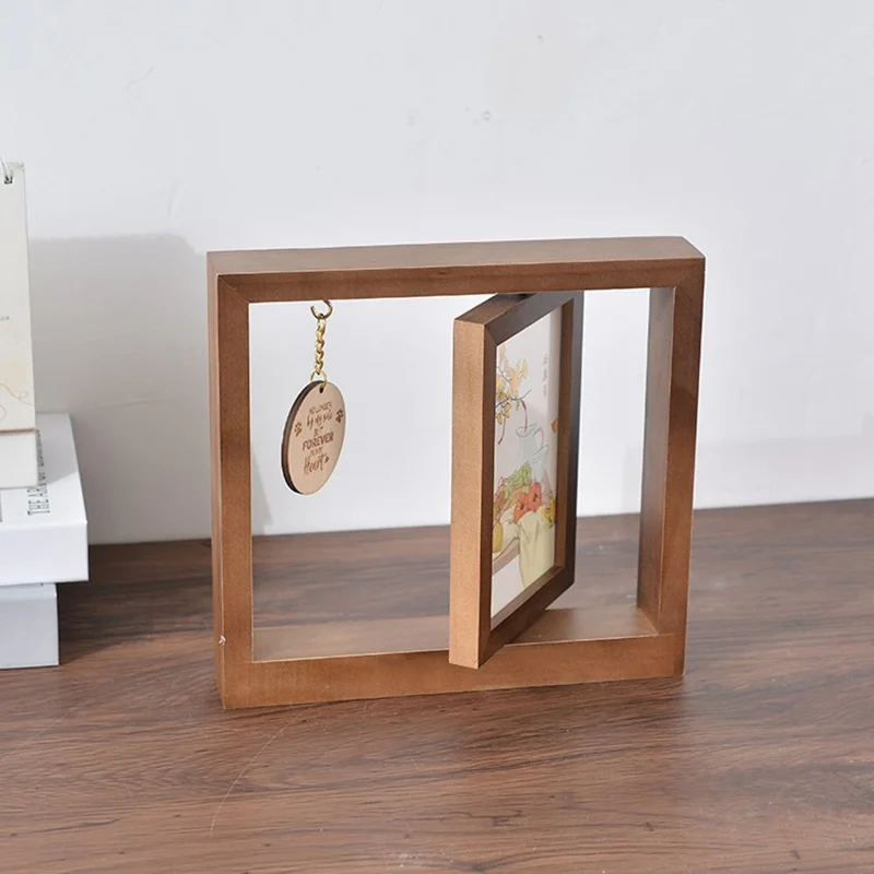 Double Sided Rotating Wooden Photo Frame Desktop Decor Pet Memorial Picture Display Stand, 23 x 21cm