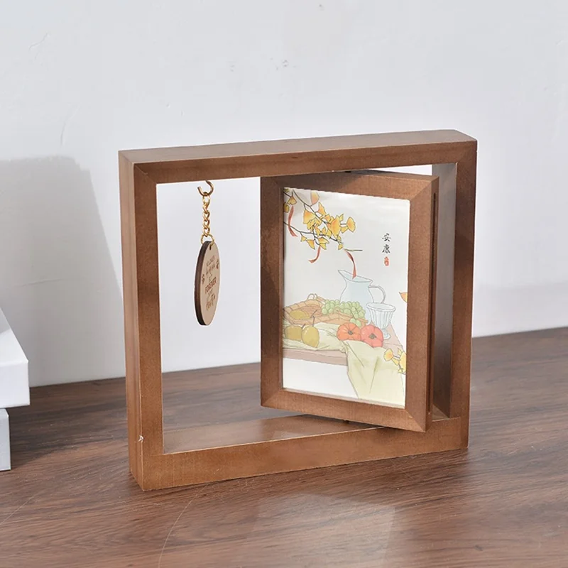 Double Sided Rotating Wooden Photo Frame Desktop Decor Pet Memorial Picture Display Stand, 23 x 21cm
