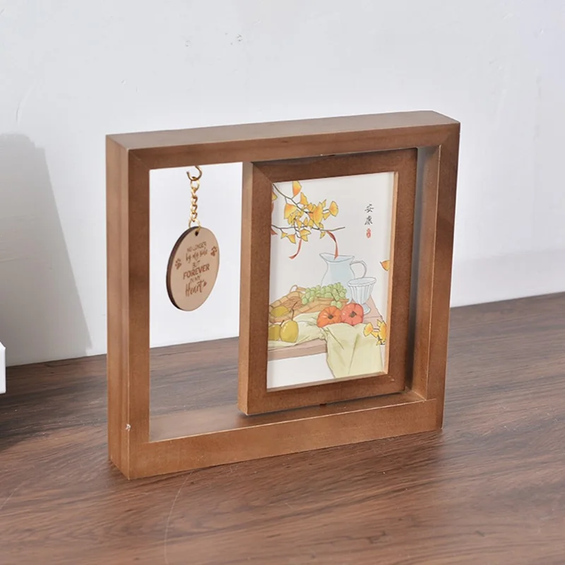 Double Sided Rotating Wooden Photo Frame Desktop Decor Pet Memorial Picture Display Stand, 23 x 21cm