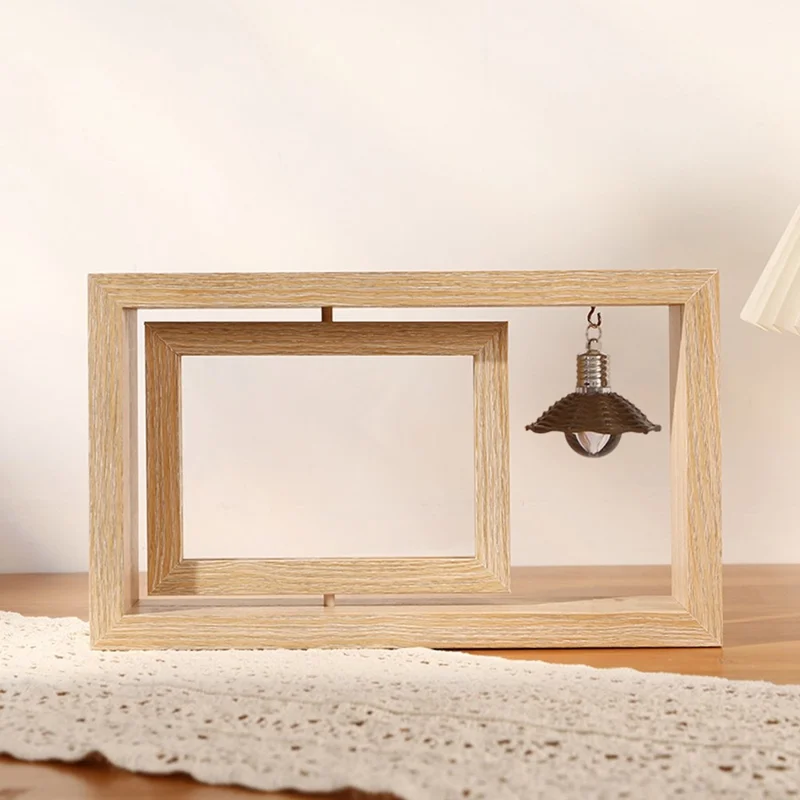 Horizontal 6 Inch Photo Frame Double Sided Rotating Wooden Picture Stand with LED Light - Wood Color