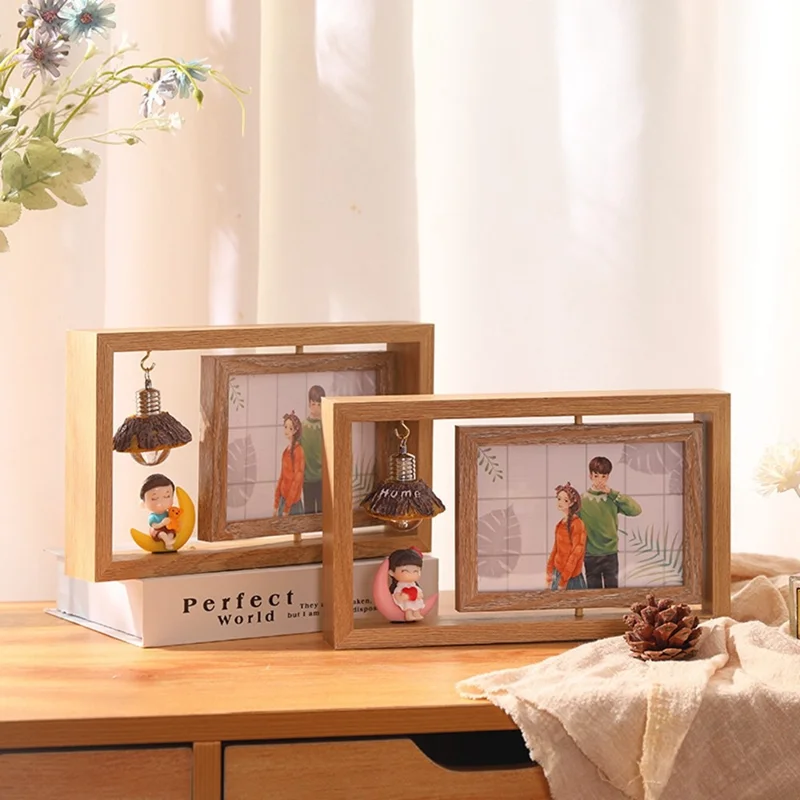 Horizontal 6 Inch Photo Frame Double Sided Rotating Wooden Picture Stand with LED Light - Wood Color