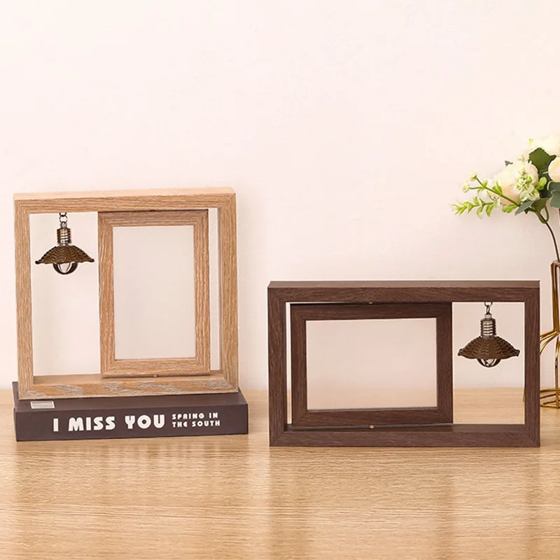 Horizontal 6 Inch Photo Frame Double Sided Rotating Wooden Picture Stand with LED Light - Wood Color