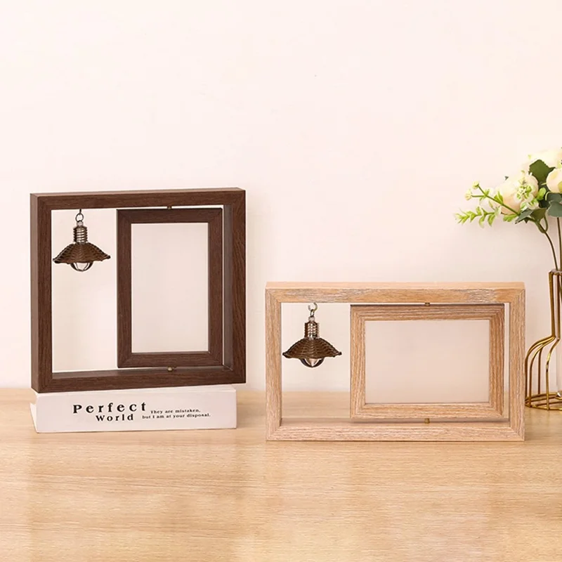 Horizontal 6 Inch Photo Frame Double Sided Rotating Wooden Picture Stand with LED Light - Wood Color