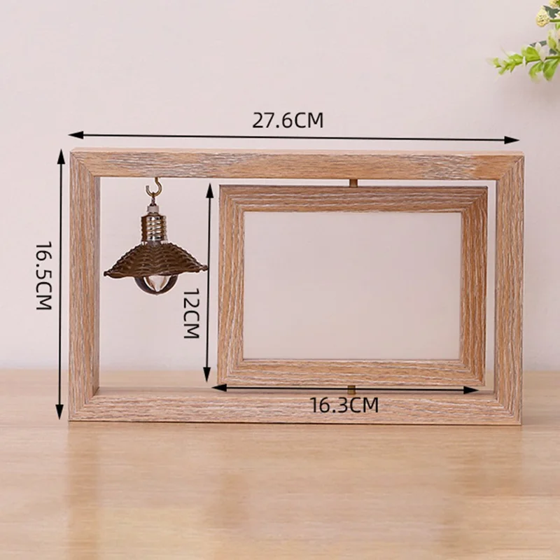 Horizontal 6 Inch Photo Frame Double Sided Rotating Wooden Picture Stand with LED Light - Wood Color