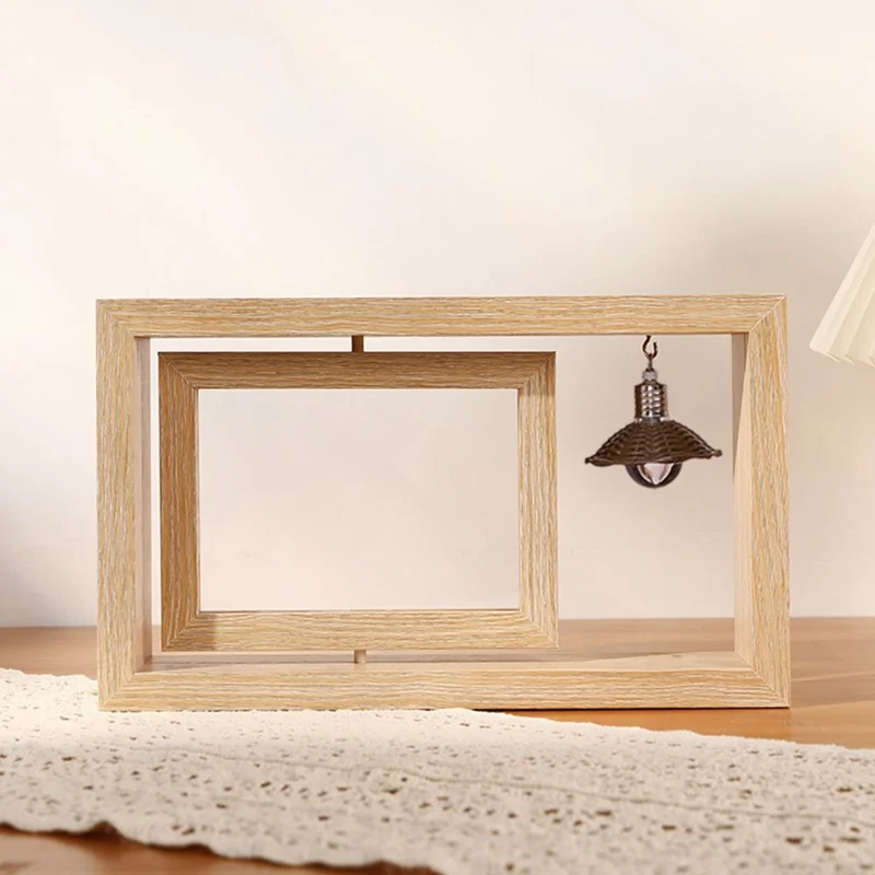 Horizontal 7 Inch Photo Frame Double Sided Rotating Wooden Picture Stand with LED Light - Wood Color