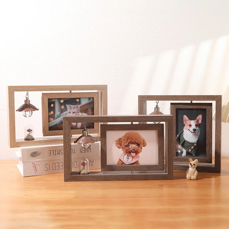 Horizontal 7 Inch Photo Frame Double Sided Rotating Wooden Picture Stand with LED Light - Wood Color