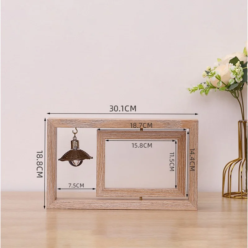 Horizontal 7 Inch Photo Frame Double Sided Rotating Wooden Picture Stand with LED Light - Wood Color
