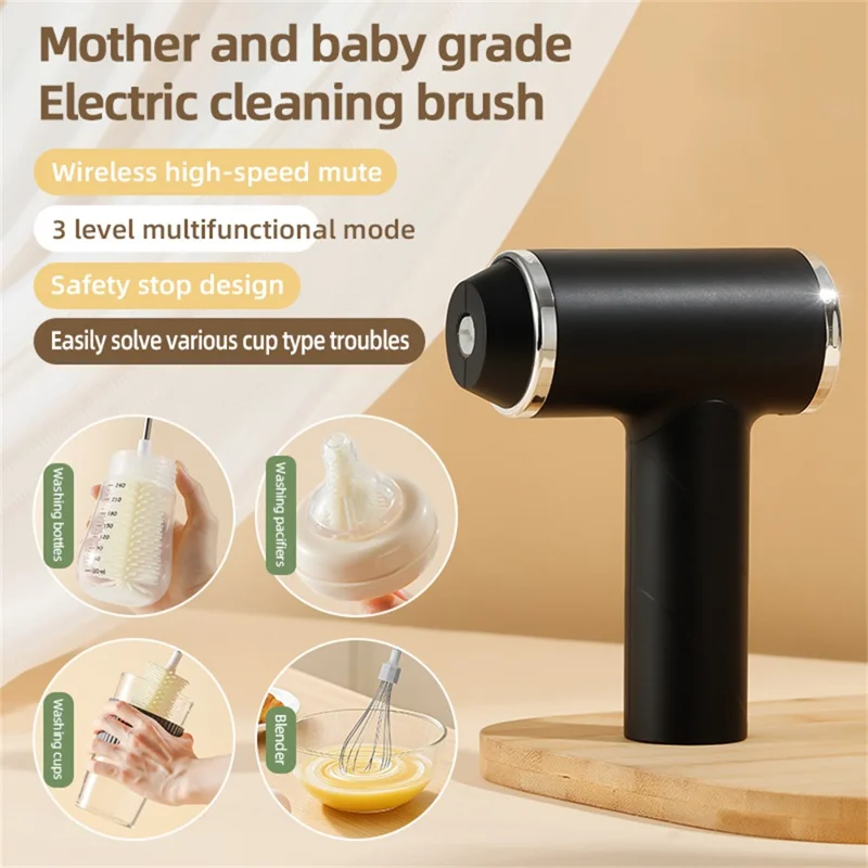 Electric Bottle Brush Whisk Cleaner Multi-Function Cream Beater for Baby Bottles / Thermos / Whipping Cream - Black