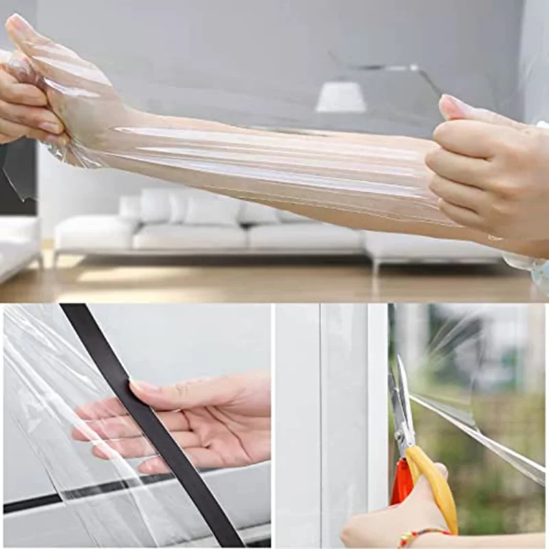 ستارة عازلة حرارية مغناطيسية مقاس 150 × 180 سم للنوافذ، شفافة وواقية من الرياح، من فيلم PVC - فيلم شفاف + إطار أبيض