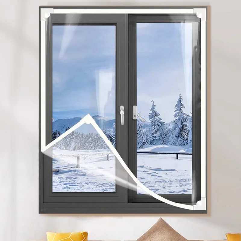 ستارة عازلة حرارية مغناطيسية مقاس 150 × 180 سم للنوافذ، شفافة وواقية من الرياح، من فيلم PVC - فيلم شفاف + إطار أبيض