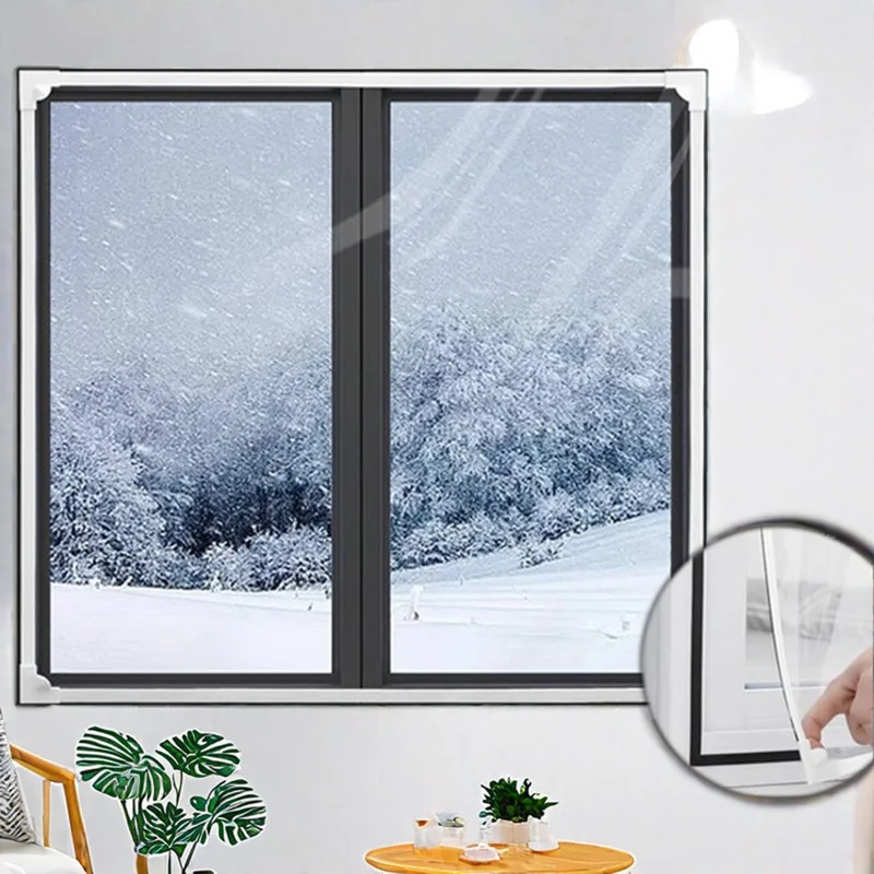 ستارة عازلة حرارية مغناطيسية مقاس 150 × 180 سم للنوافذ، شفافة وواقية من الرياح، من فيلم PVC - فيلم شفاف + إطار أبيض