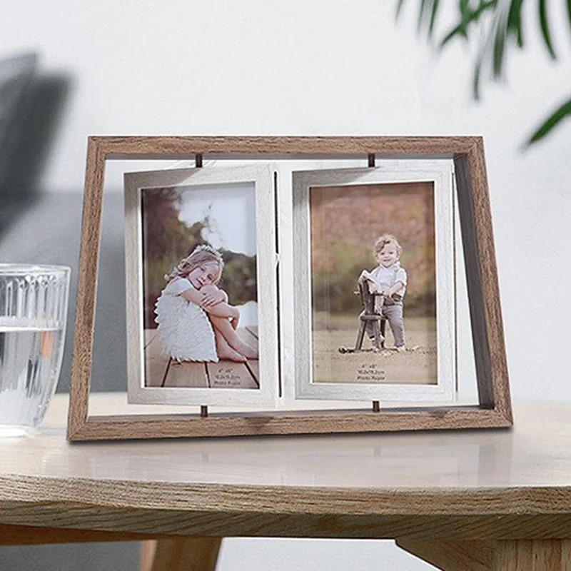 6 Inch Double Sided Rotating Wooden Photo Frame Trapezoid Dual Display Picture Holder - Deep Color