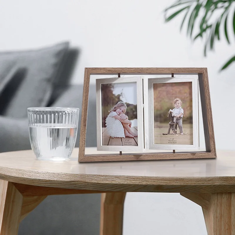 6 Inch Double Sided Rotating Wooden Photo Frame Trapezoid Dual Display Picture Holder - Deep Color