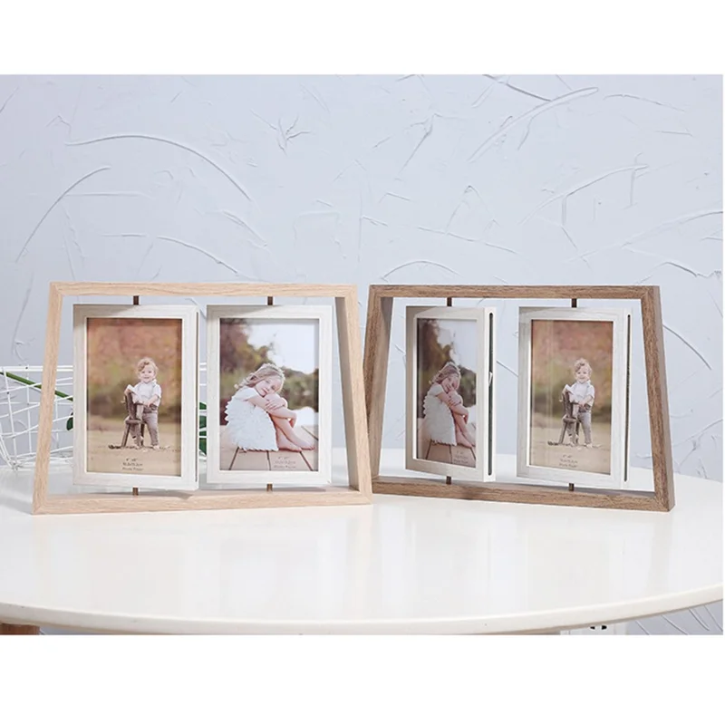 6 Inch Double Sided Rotating Wooden Photo Frame Trapezoid Dual Display Picture Holder - Deep Color