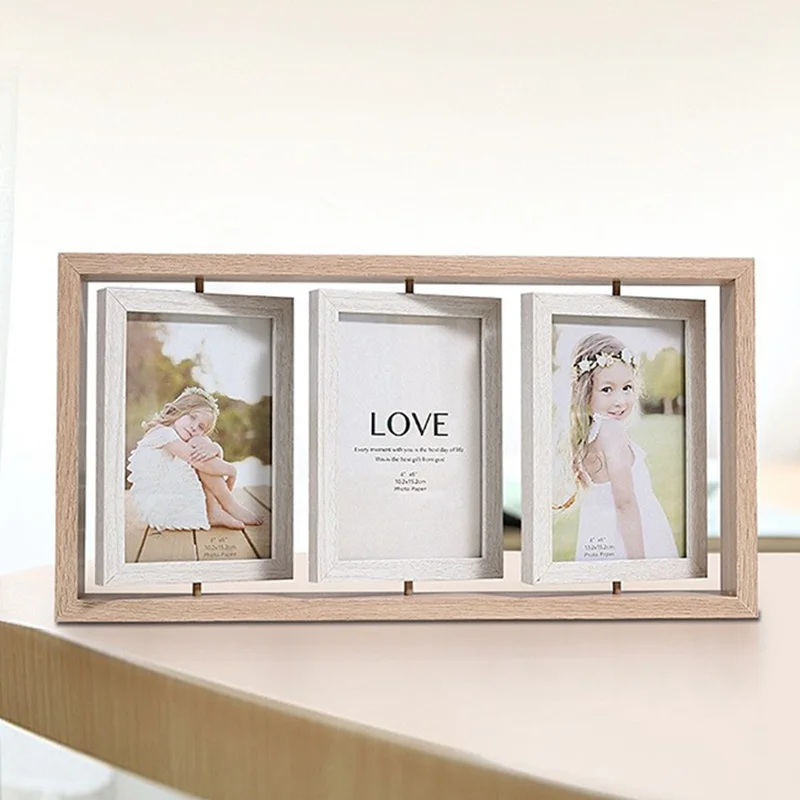 6 Inch Square Triple Display Photo Stand Double Sided Rotating Picture Frame for Wedding Anniversary - Wood Color