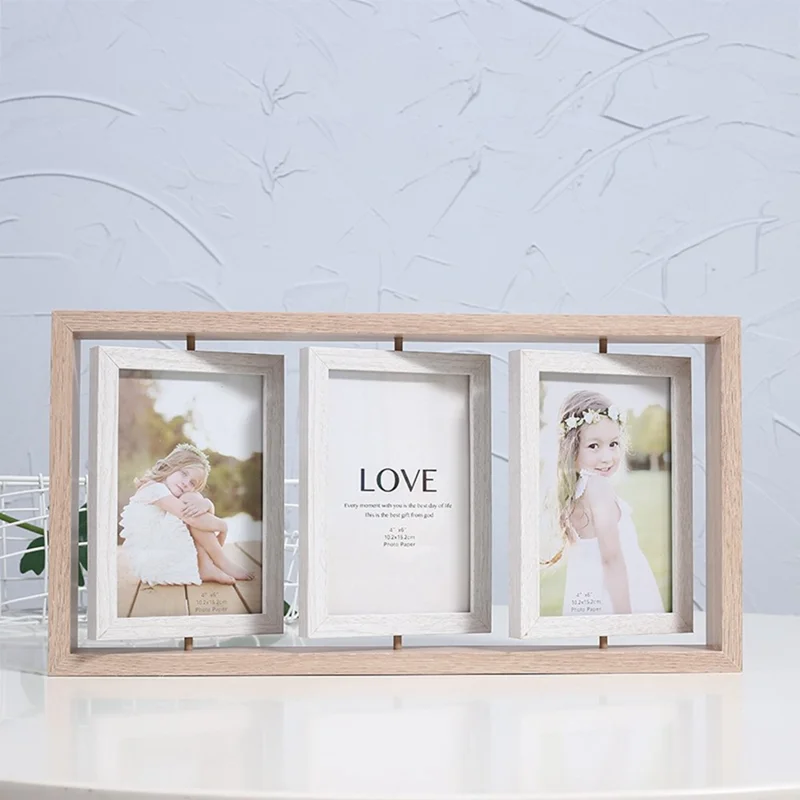 6 Inch Square Triple Display Photo Stand Double Sided Rotating Picture Frame for Wedding Anniversary - Wood Color