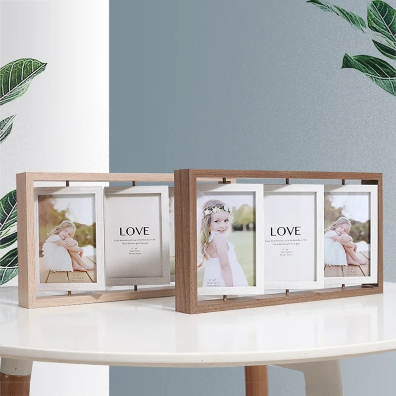 6 Inch Square Triple Display Photo Stand Double Sided Rotating Picture Frame for Wedding Anniversary - Wood Color