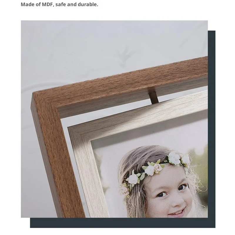 6 Inch Square Triple Display Photo Stand Double Sided Rotating Picture Frame for Wedding Anniversary - Wood Color
