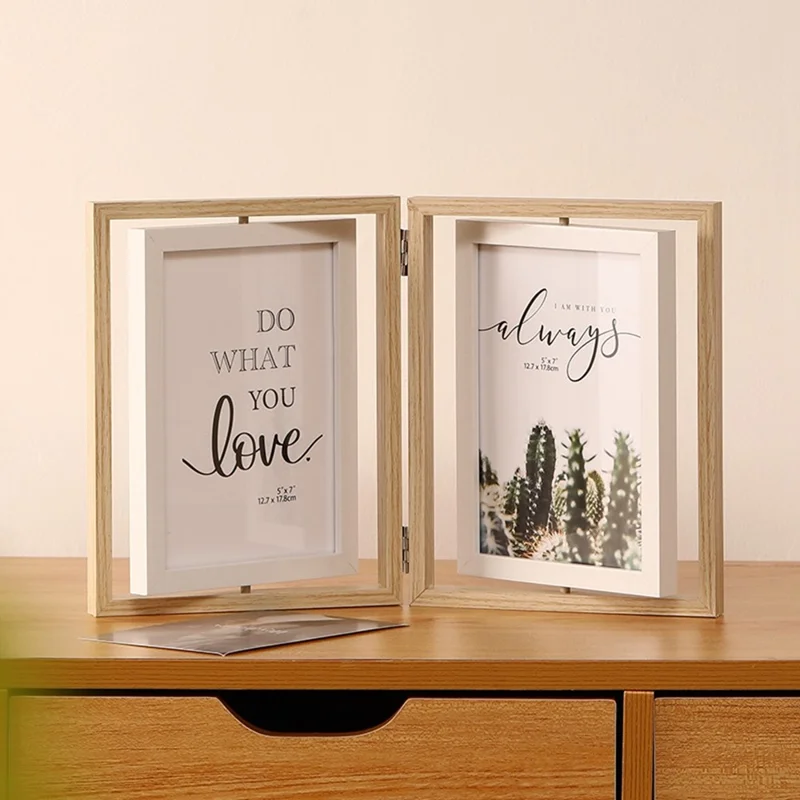 5 Inch Double Picture Frame MDF Vertical Hinged Photo Frame Desktop Tabletop Stand - Wood Color