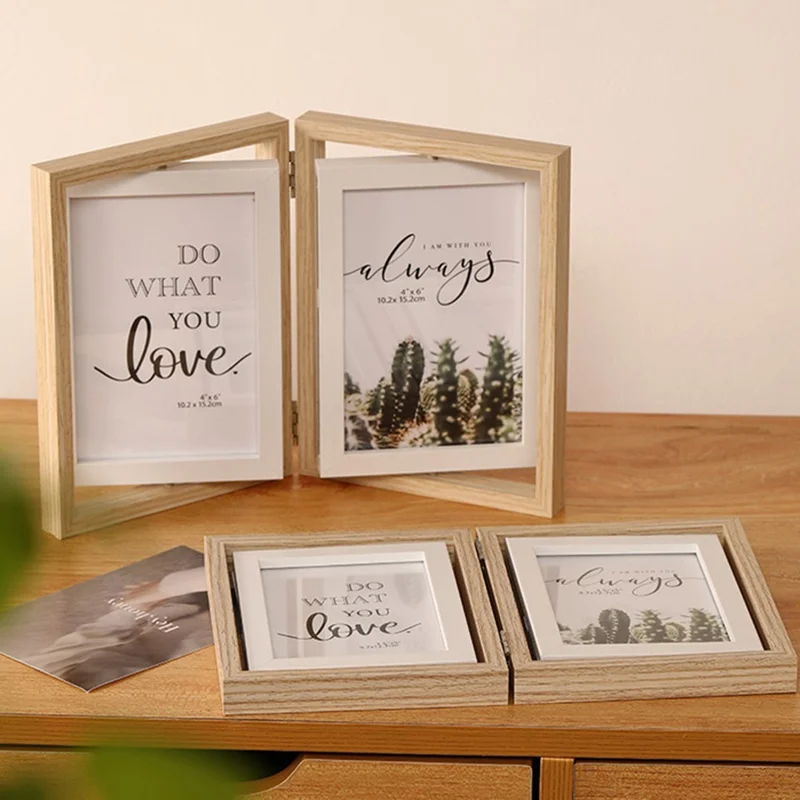 5 Inch Double Picture Frame MDF Vertical Hinged Photo Frame Desktop Tabletop Stand - Wood Color