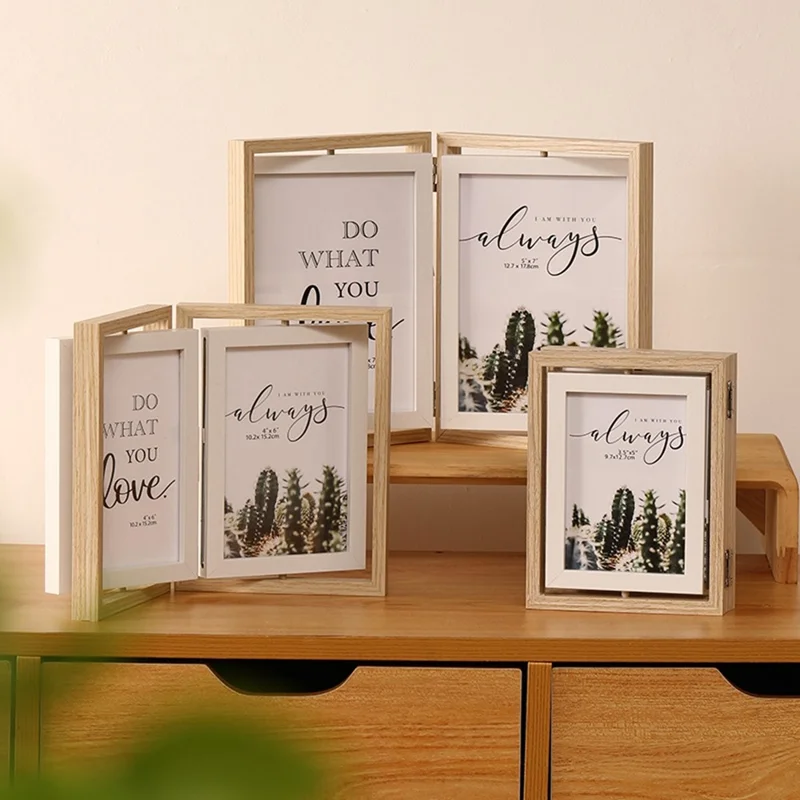 5 Inch Double Picture Frame MDF Vertical Hinged Photo Frame Desktop Tabletop Stand - Wood Color