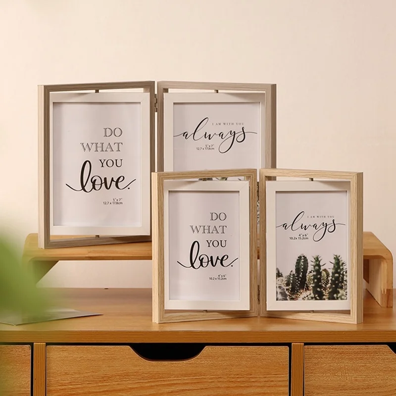 5 Inch Double Picture Frame MDF Vertical Hinged Photo Frame Desktop Tabletop Stand - Wood Color