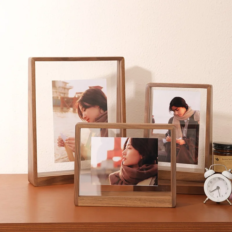 Walnut Wood Photo Frame For 6 Inch Horizontal Pictures Creative Desk Display Stand Trapezoid Shape