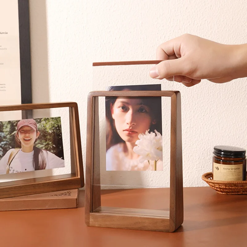 Walnut Wood Photo Frame For 7 Inch Horizontal Pictures Creative Desk Display Stand Trapezoid Shape