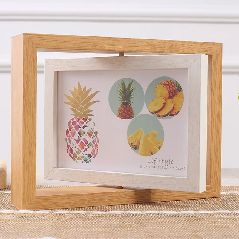 7 Inch Double Sided Rotating Picture Frame Wooden Photo Display Stand for Home Office Table Decor - Wood Color+White