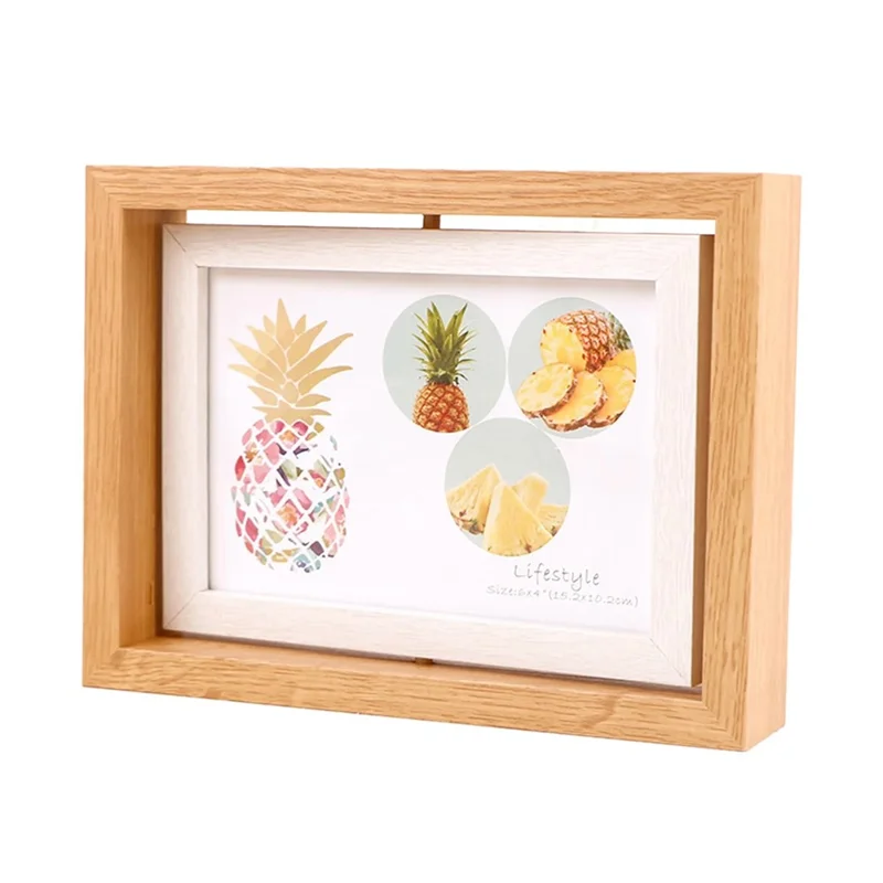 7 Inch Double Sided Rotating Picture Frame Wooden Photo Display Stand for Home Office Table Decor - Wood Color+White