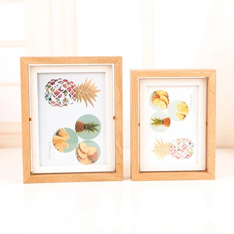 7 Inch Double Sided Rotating Picture Frame Wooden Photo Display Stand for Home Office Table Decor - Wood Color+White