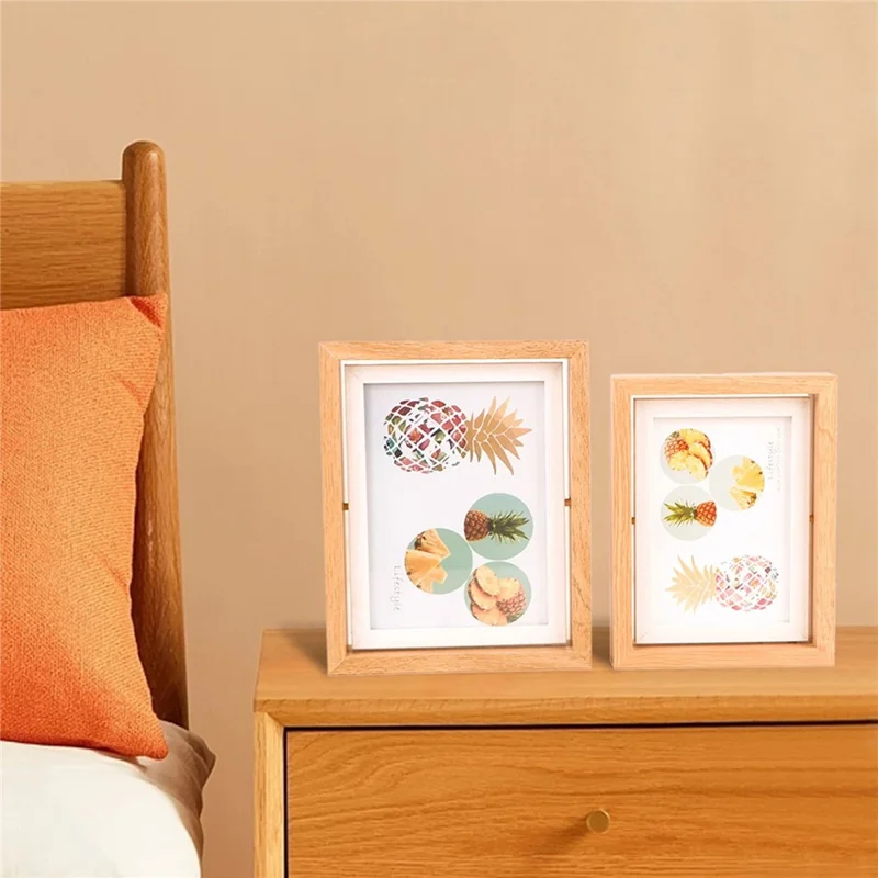 7 Inch Double Sided Rotating Picture Frame Wooden Photo Display Stand for Home Office Table Decor - Wood Color+White