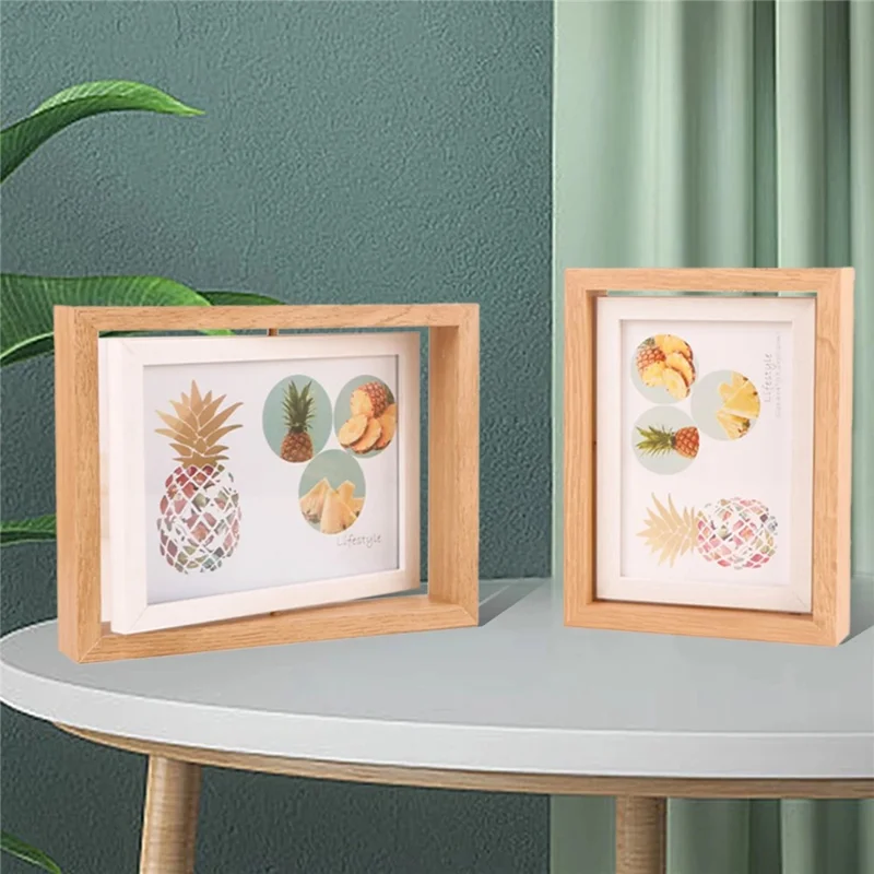 7 Inch Double Sided Rotating Picture Frame Wooden Photo Display Stand for Home Office Table Decor - Wood Color+White