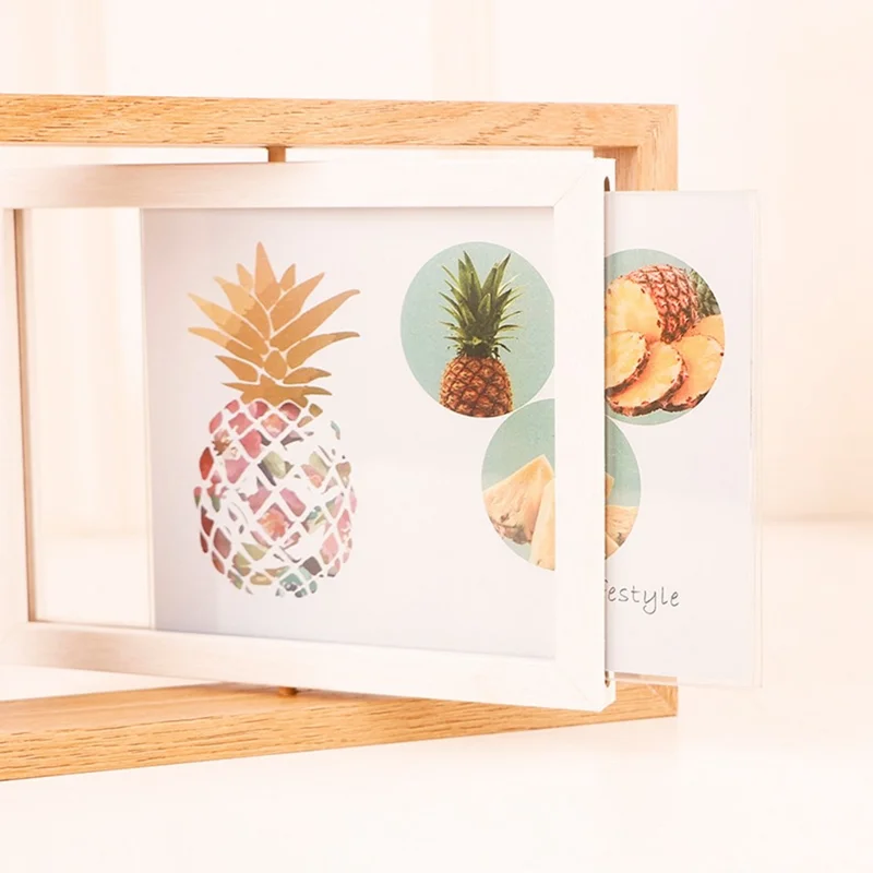 7 Inch Double Sided Rotating Picture Frame Wooden Photo Display Stand for Home Office Table Decor - Wood Color+White