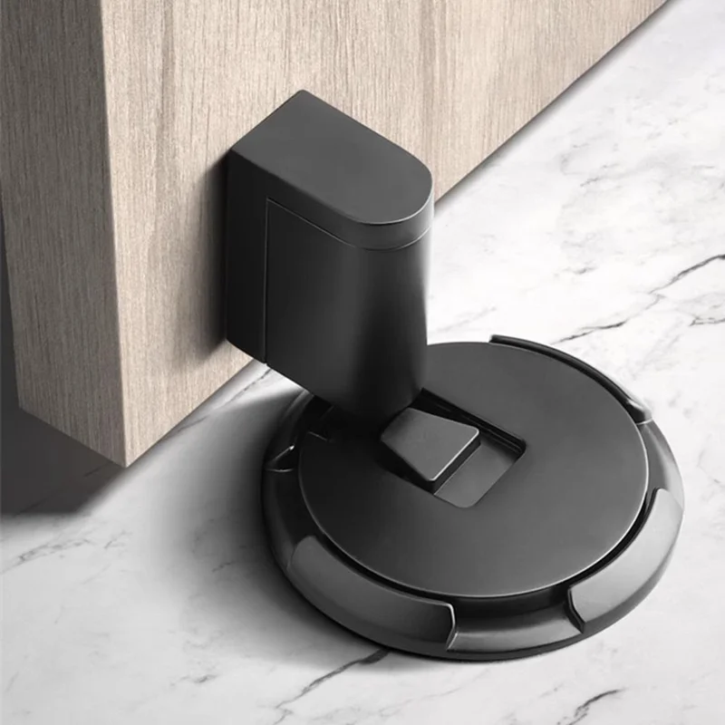 Zinc Alloy Mechanical Door Stopper No-Drill Push-Press Invisible Floor Door Stop Windproof Anti-Collision for Home - Black