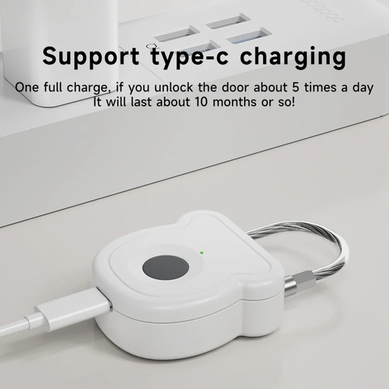 Smart Fingerprint Padlock Anti-Theft Security Lock with Electronic Key USB - C Fast Charge for File Cabinets Suitcases - White