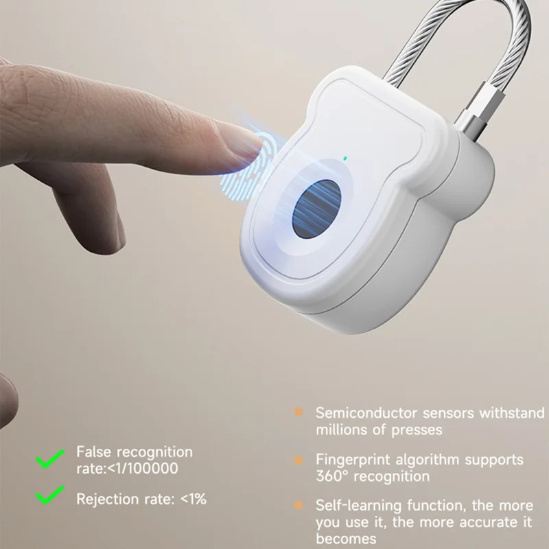 Smart Fingerprint Padlock Anti-Theft Security Lock with Electronic Key USB - C Fast Charge for File Cabinets Suitcases - White